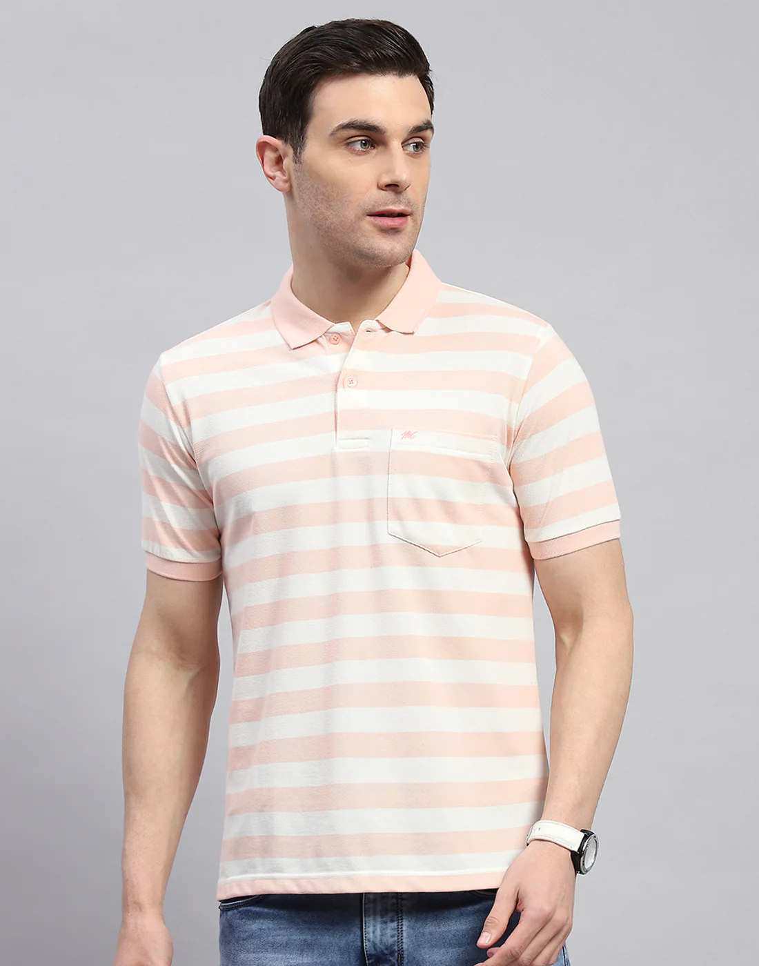 Men Pink Stripe Polo Collar Half Sleeve T-Shirt - Image 2