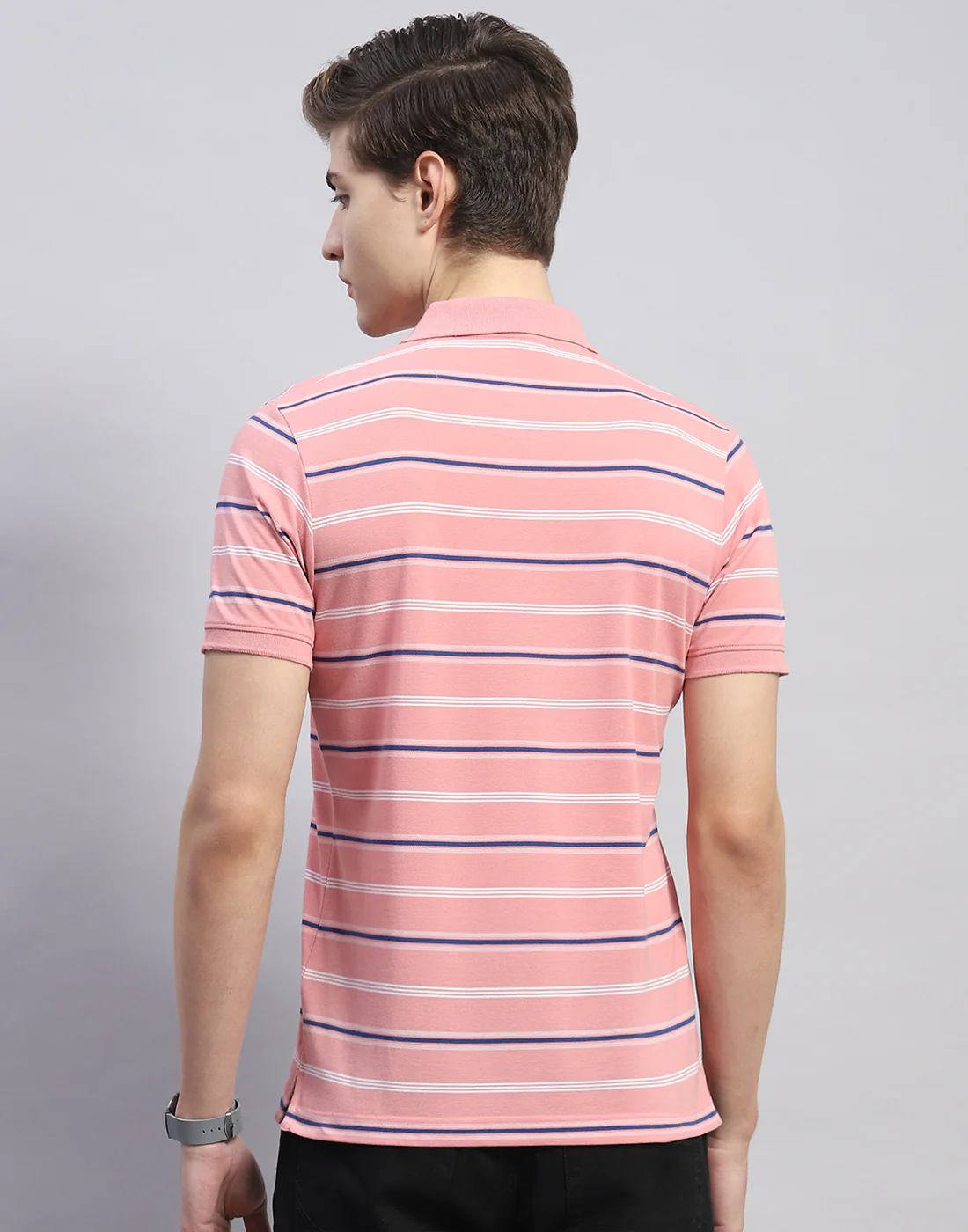Men Pink Stripe Polo Collar Half Sleeve T-Shirt - Image 5