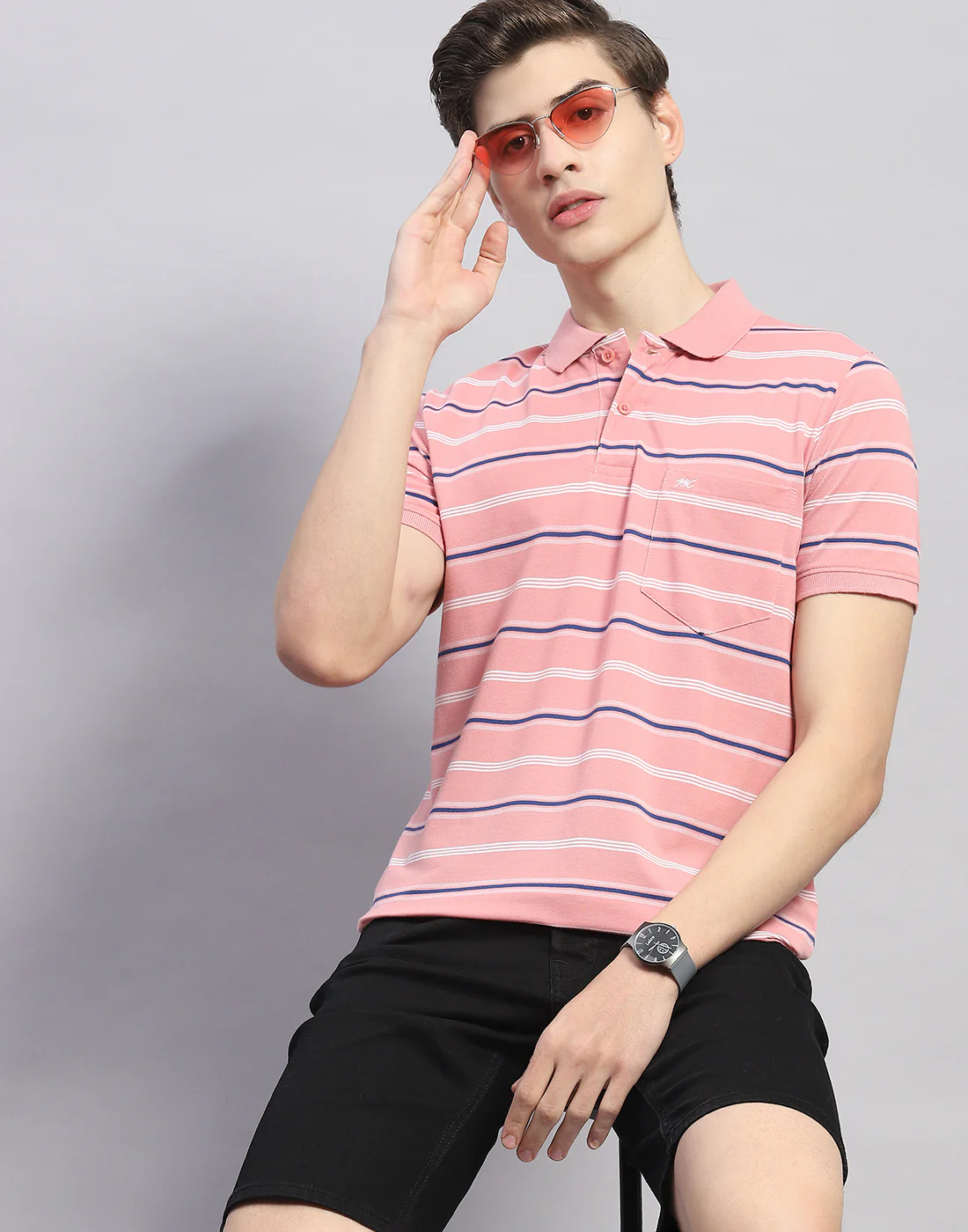 Men Pink Stripe Polo Collar Half Sleeve T-Shirt - Image 6