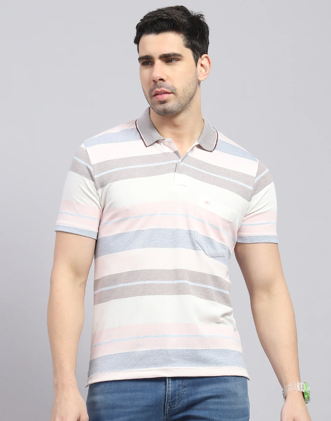 Men Pink Stripe Polo Collar Half Sleeve T-Shirt - Image 3