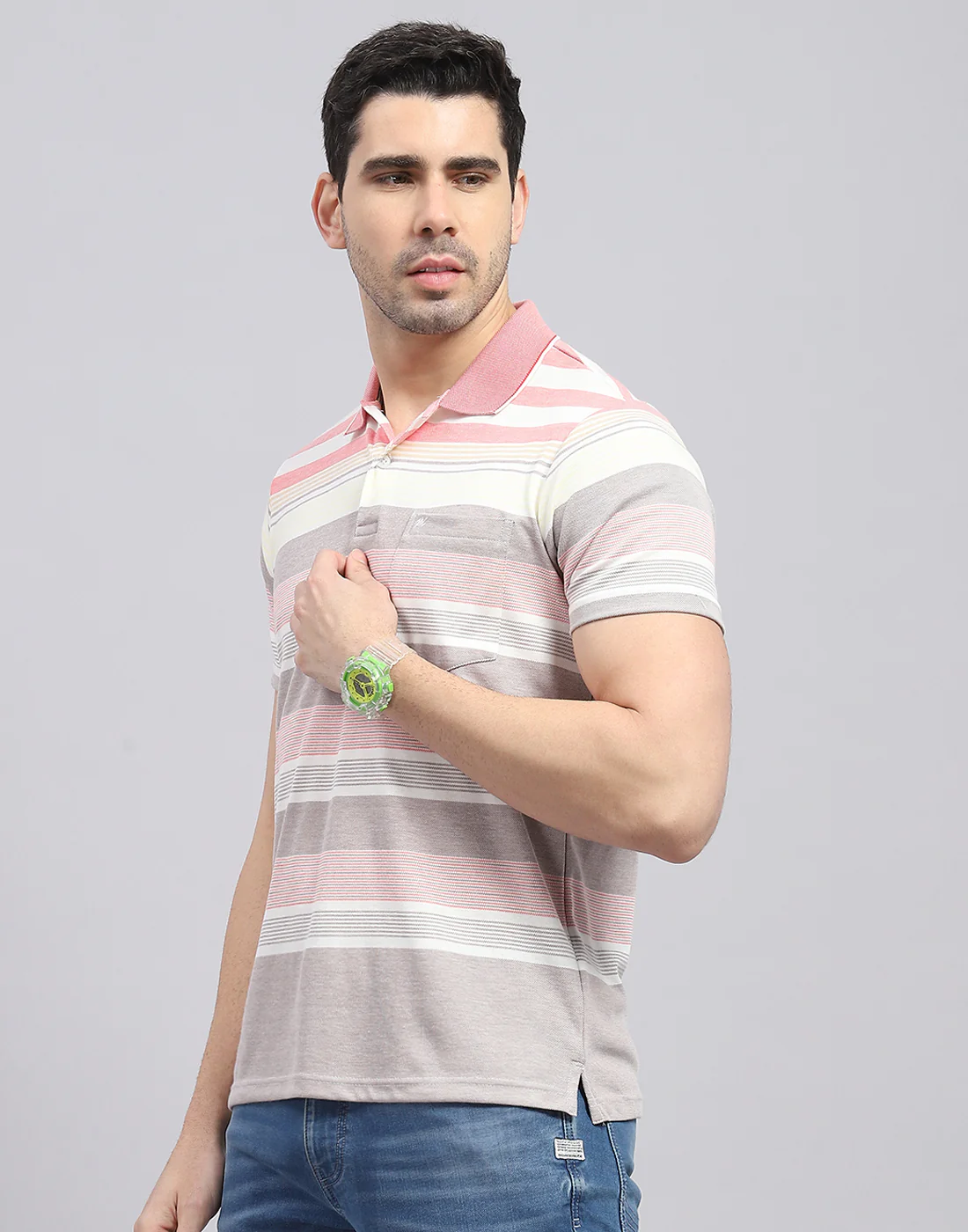 Men Pink Stripe Polo Collar Half Sleeve T-Shirt - Image 4