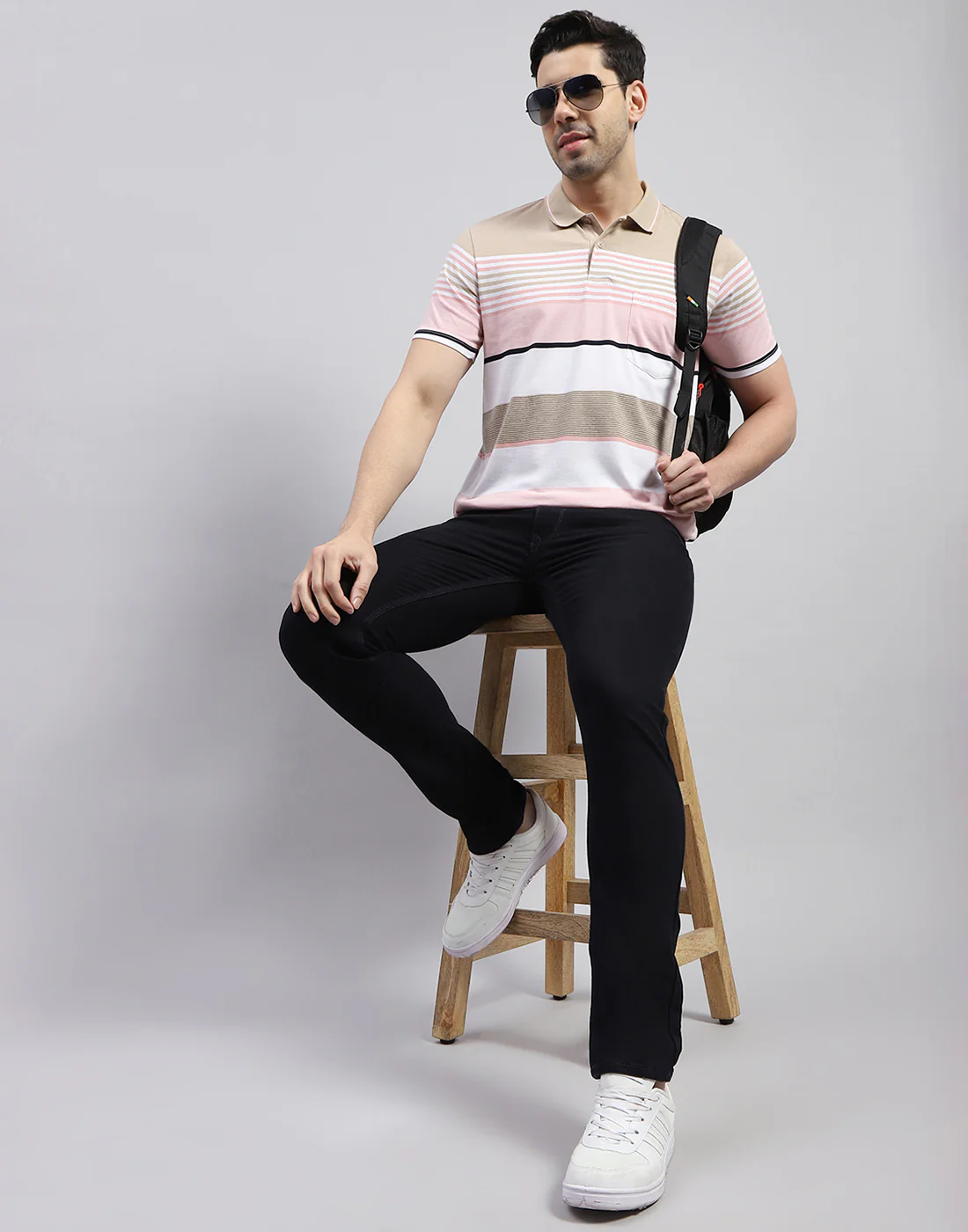Men Pink Stripe Polo Collar Half Sleeve T-Shirt - Image 2