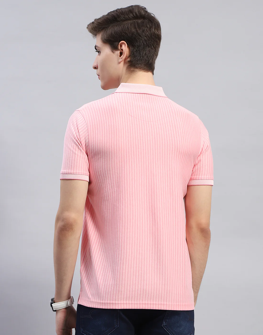 Men Pink Stripe Polo Collar Half Sleeve T-Shirt - Image 5