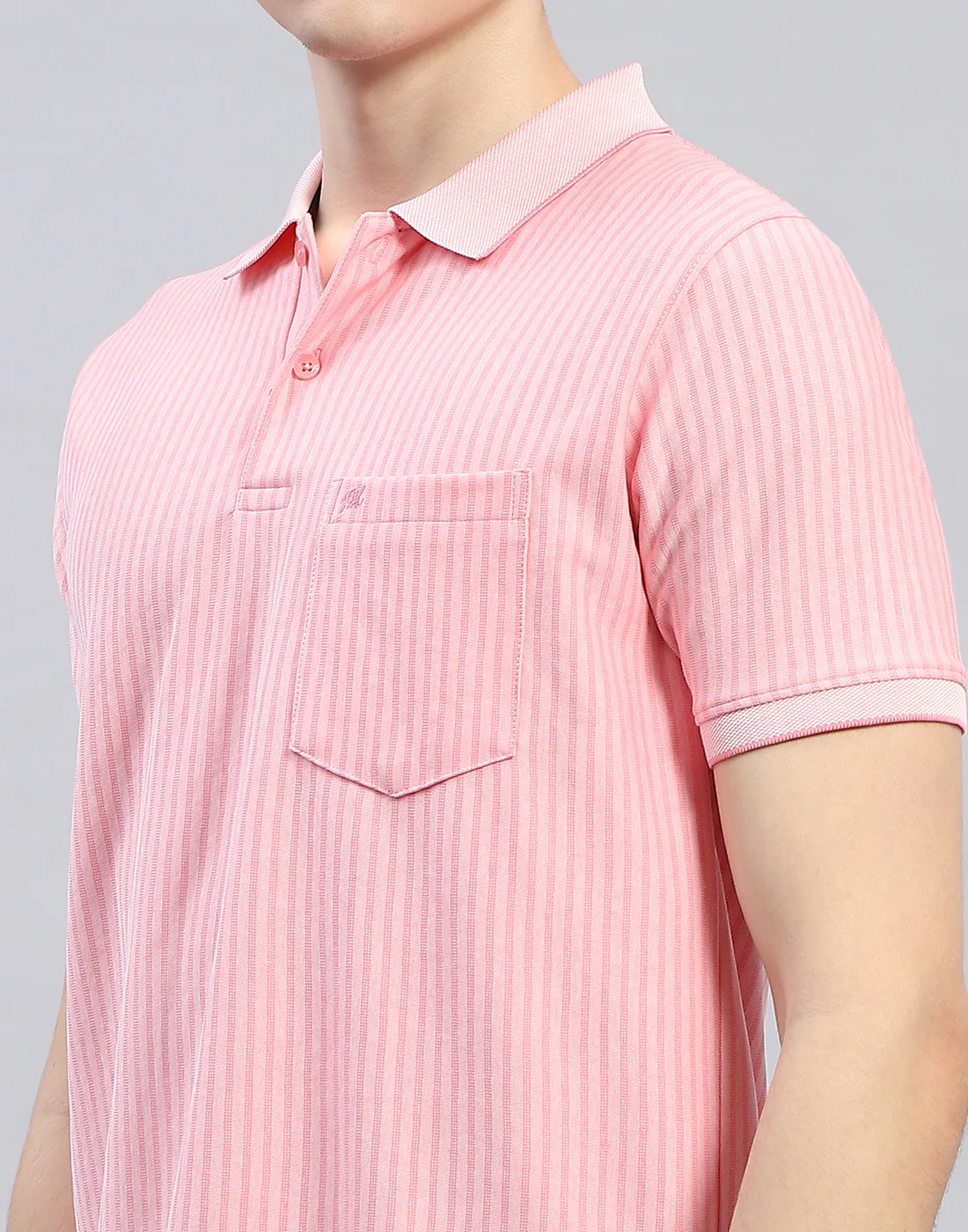 Men Pink Stripe Polo Collar Half Sleeve T-Shirt - Image 7