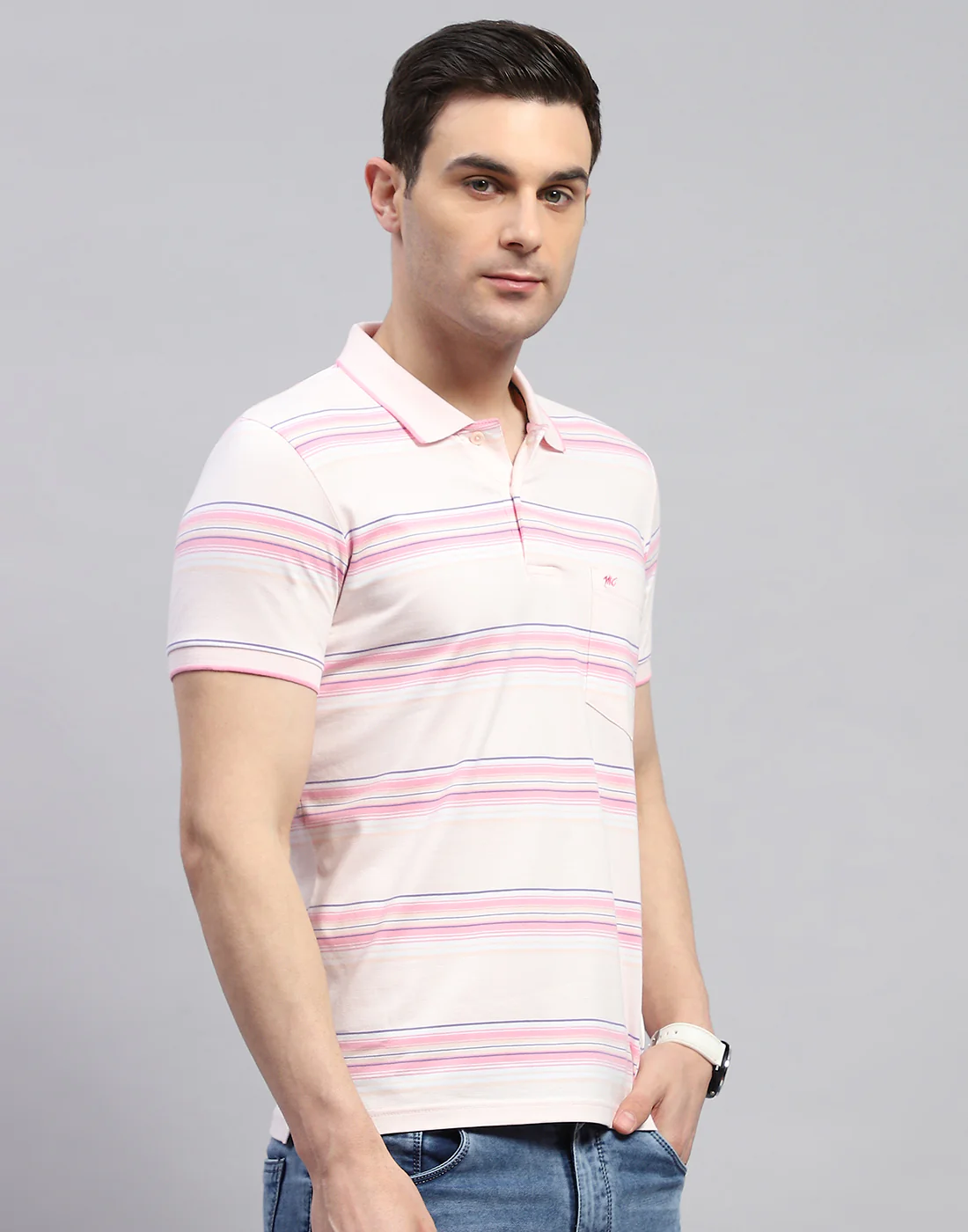 Men Pink Stripe Polo Collar Half Sleeve T-Shirt - Image 4
