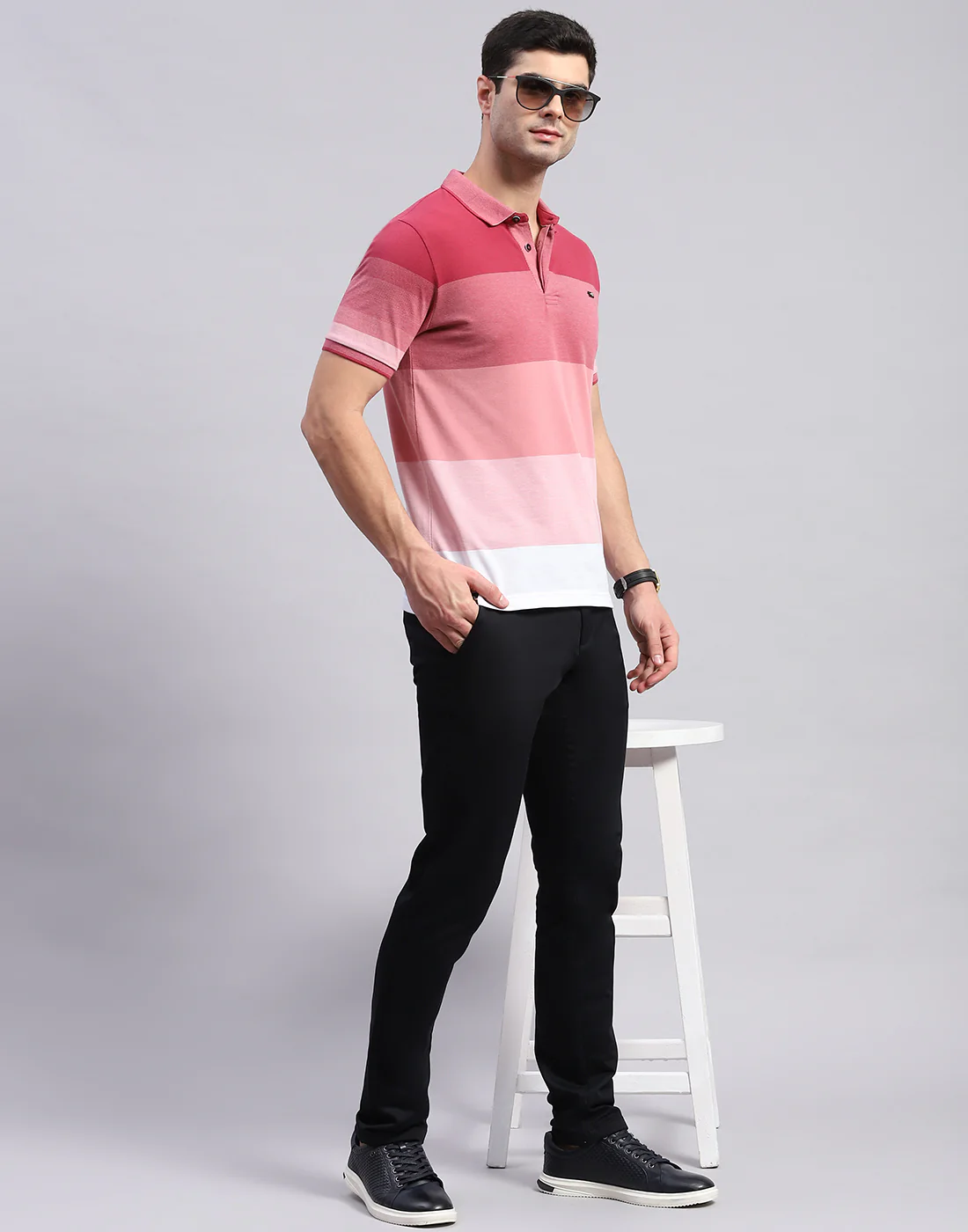 Men Pink Stripe Polo Collar Half Sleeve T-Shirt - Image 2