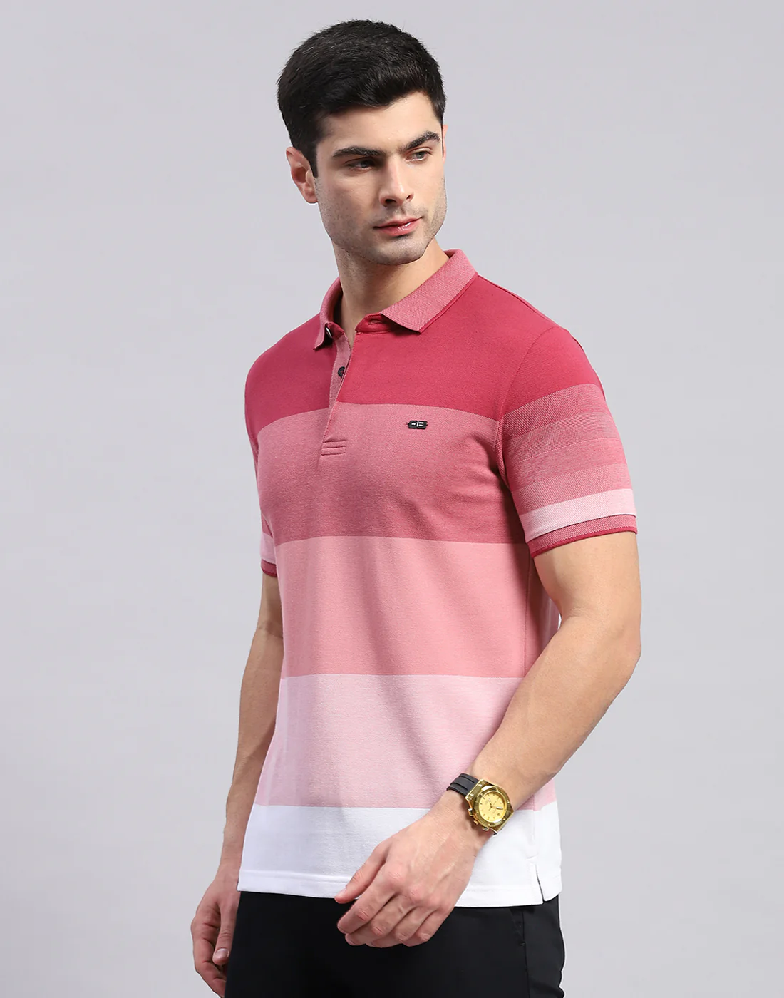 Men Pink Stripe Polo Collar Half Sleeve T-Shirt - Image 4