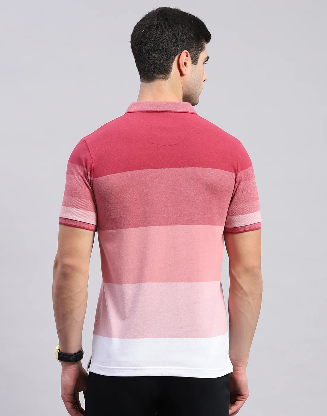 Men Pink Stripe Polo Collar Half Sleeve T-Shirt - Image 6