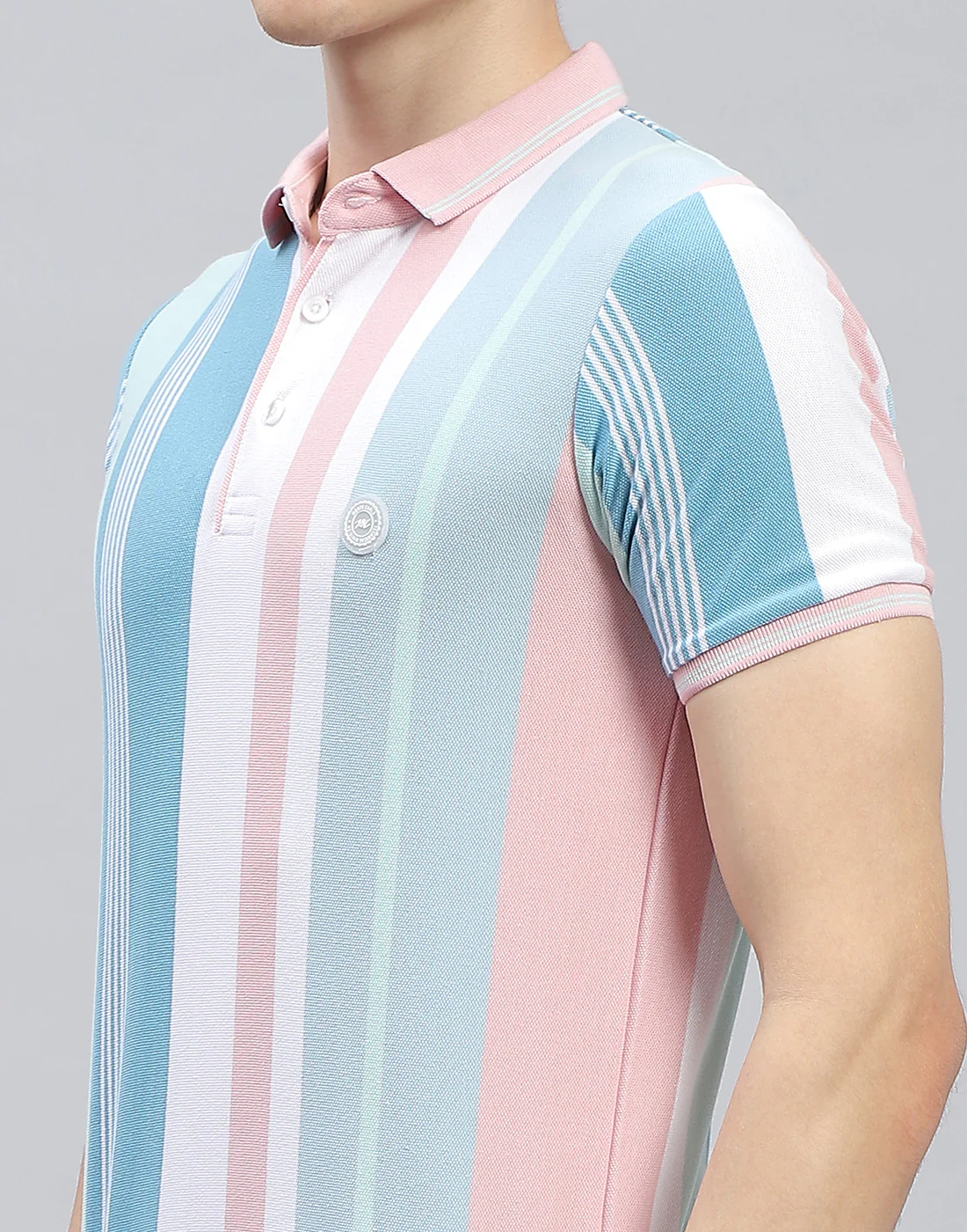 Men Pink Stripe Polo Collar Half Sleeve T-Shirt - Image 7