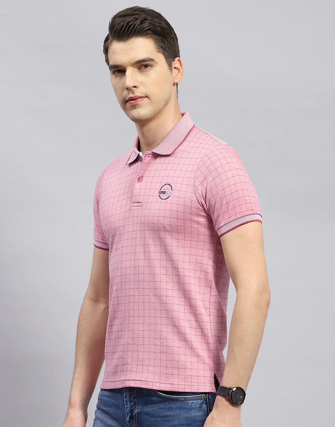 Men Pink Stripe Polo Collar Half Sleeve T-Shirt - Image 2