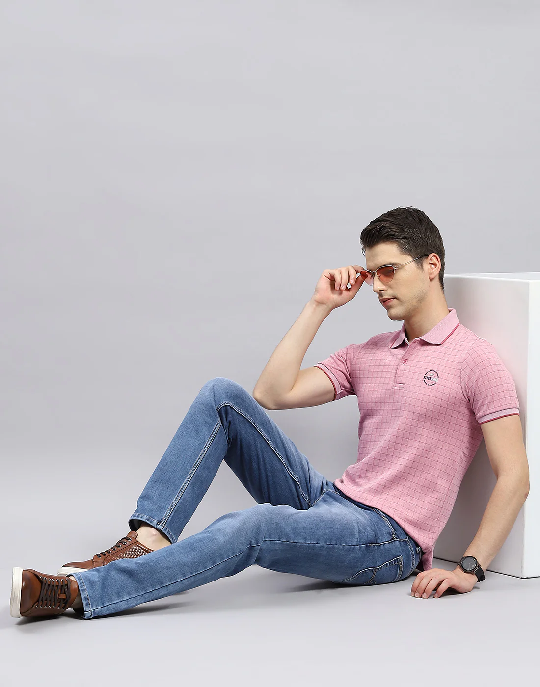 Men Pink Stripe Polo Collar Half Sleeve T-Shirt - Image 5