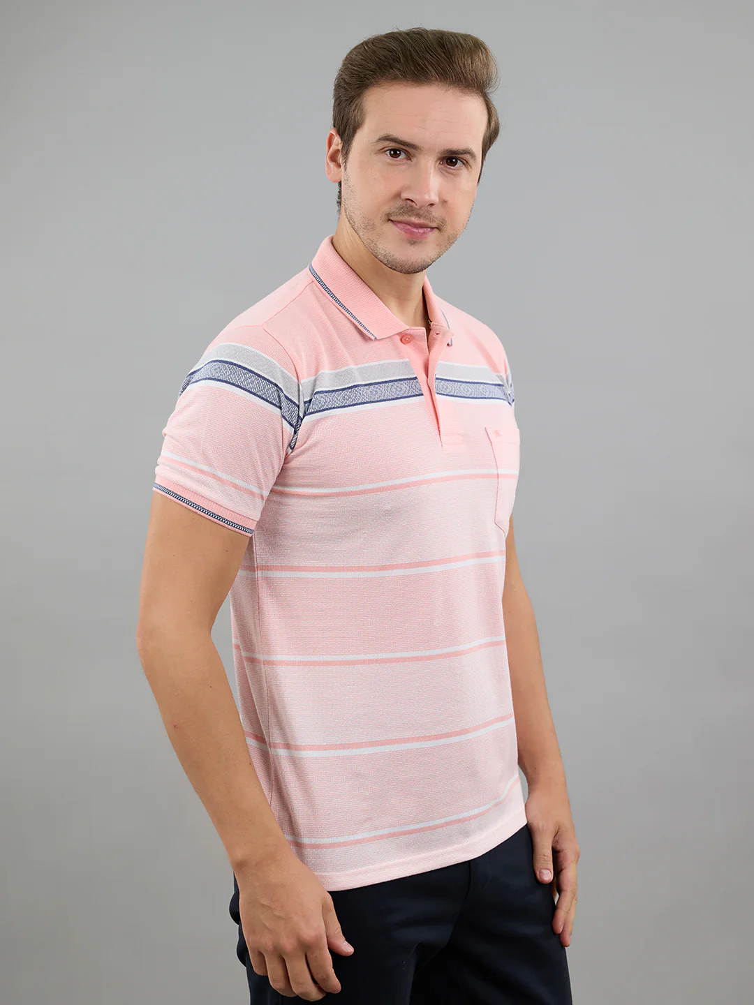 Men Pink Stripe Polo Collar Half Sleeve T-Shirt - Image 3