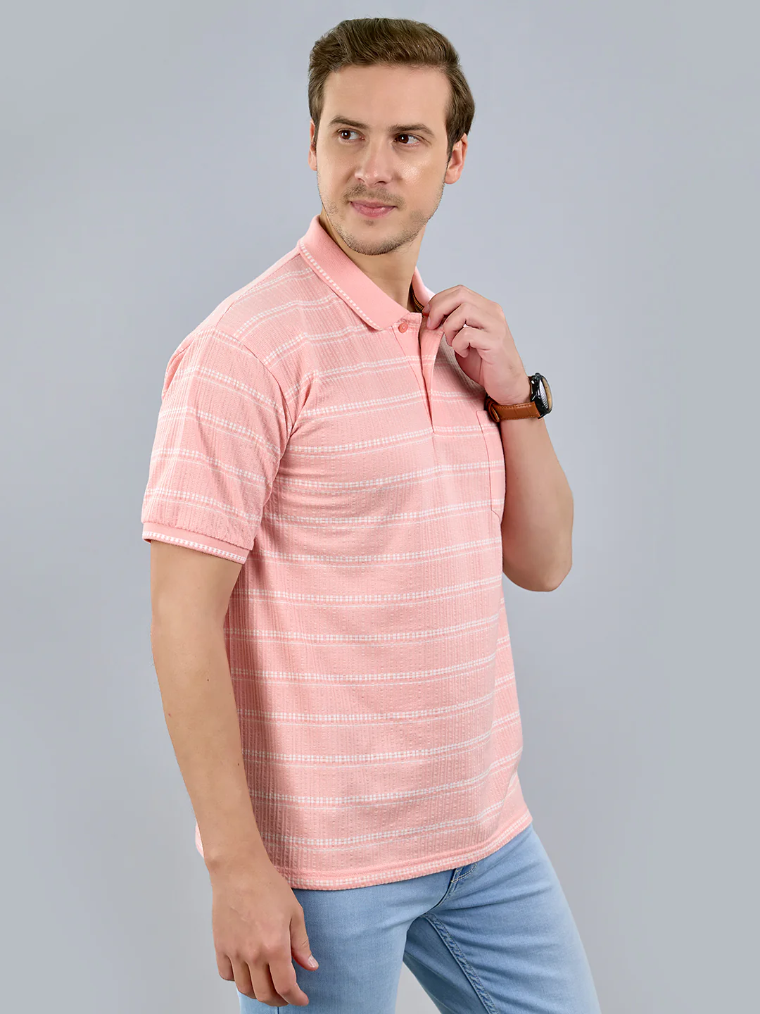 Men Pink Stripe Polo Collar Half Sleeve T-Shirt - Image 2