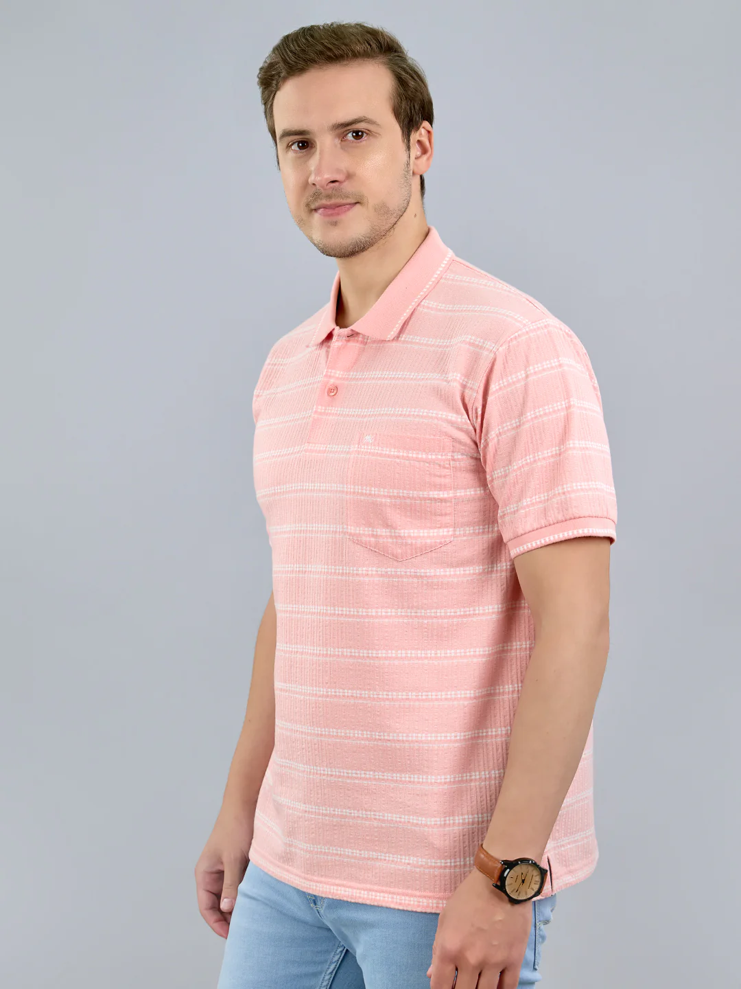 Men Pink Stripe Polo Collar Half Sleeve T-Shirt - Image 3