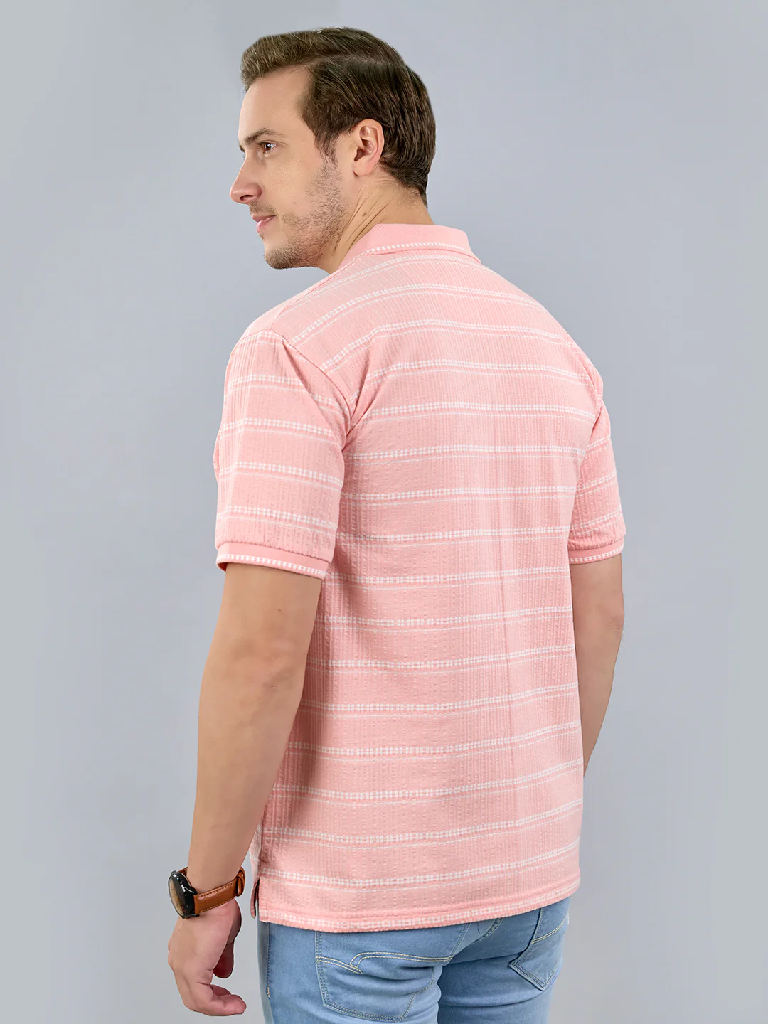 Men Pink Stripe Polo Collar Half Sleeve T-Shirt - Image 4