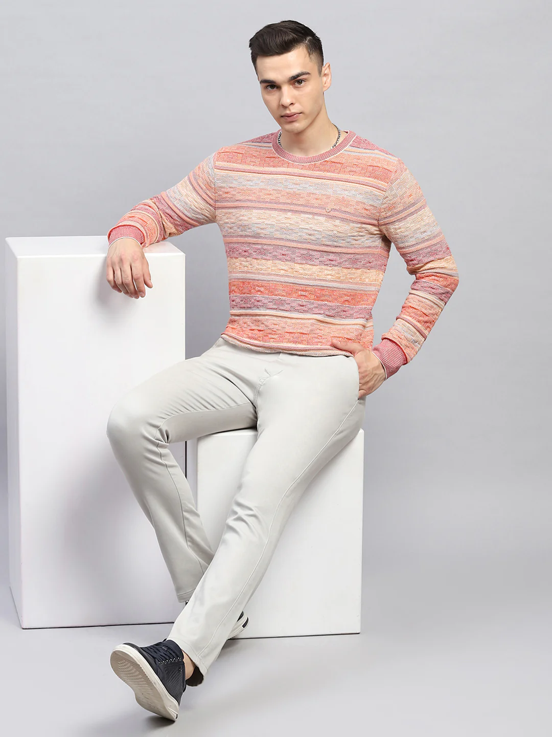 Men Pink Stripe Round Neck Full Sleeve Pullover - Image 2
