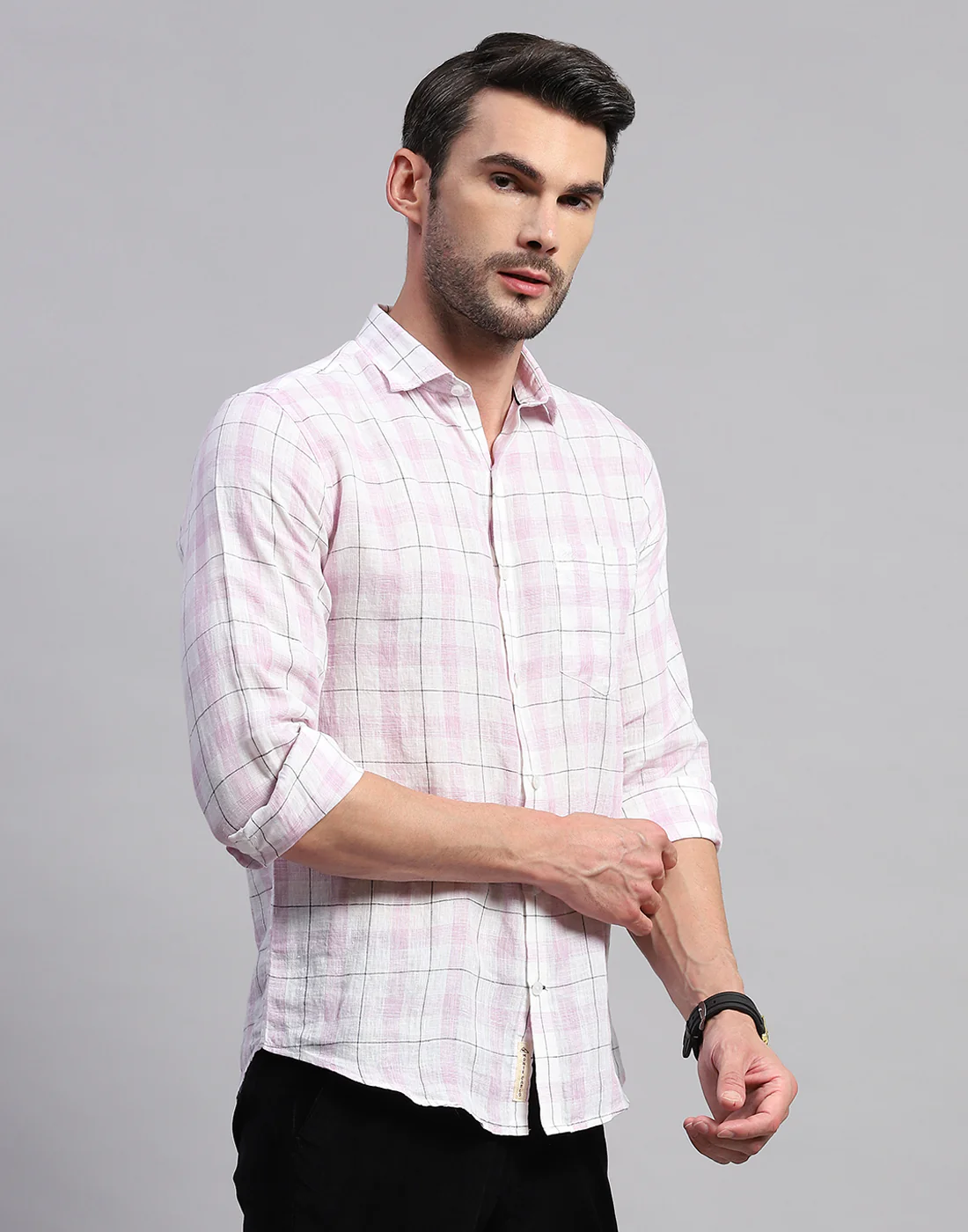 Men Purple Check Collar Neck Full Sleeve Linen Shirt - Image 4