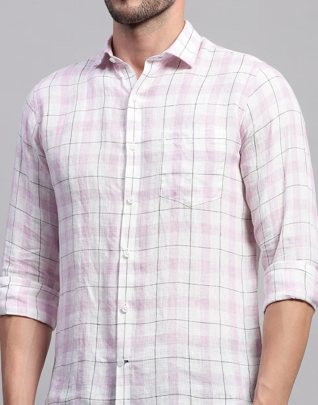 Men Purple Check Collar Neck Full Sleeve Linen Shirt - Image 6