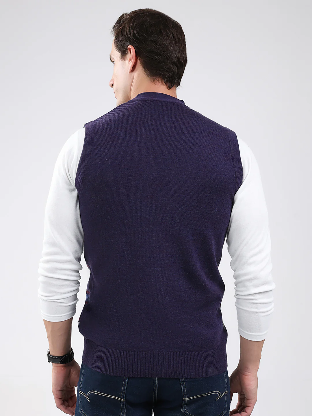Men Purple Check V Neck Sleeveless Cardigan - Image 5