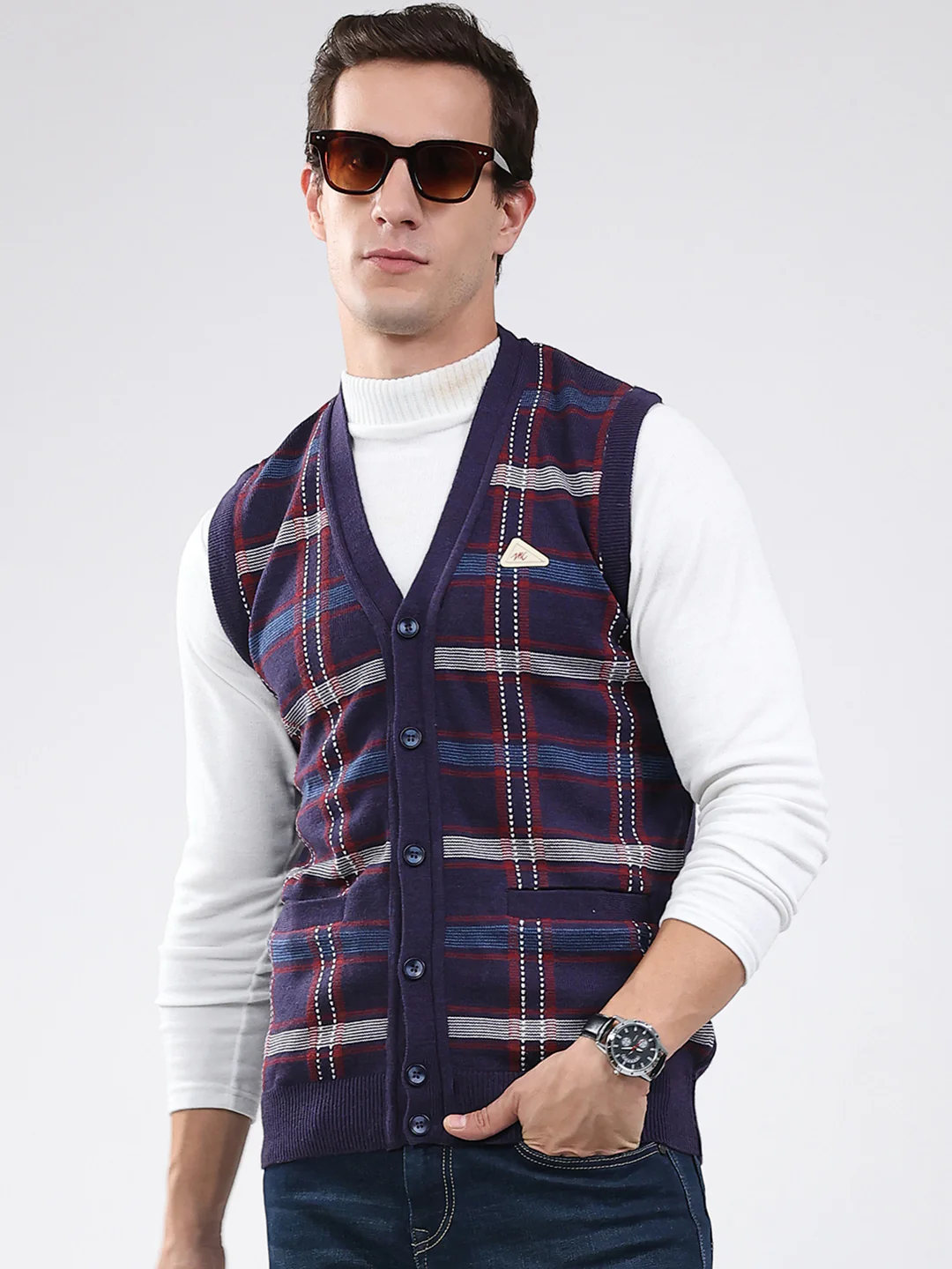 Men Purple Check V Neck Sleeveless Cardigan - Image 6