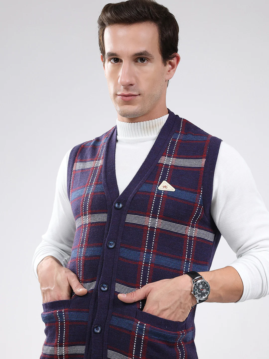 Men Purple Check V Neck Sleeveless Cardigan - Image 7