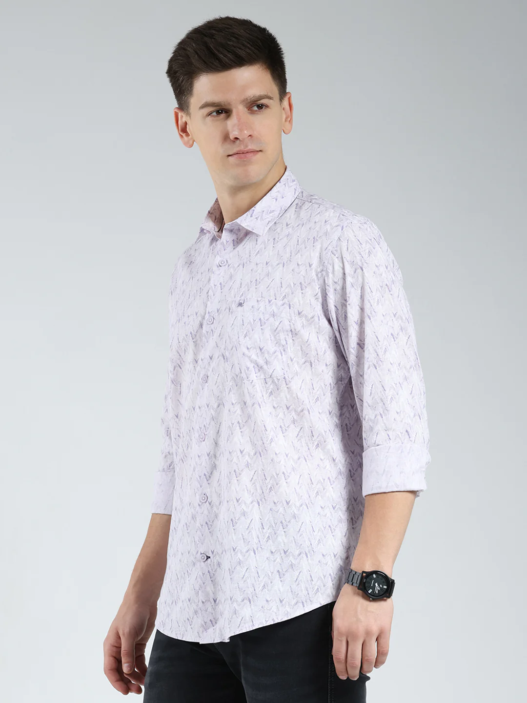 Men Purple Printed Collar Full Sleeve Shirt - Image 3