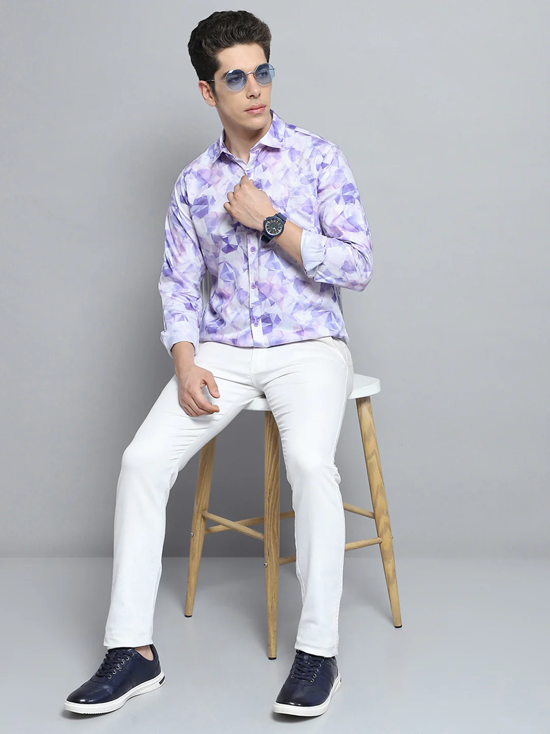 Men Purple Printed Collar Full Sleeve Shirt - Image 2