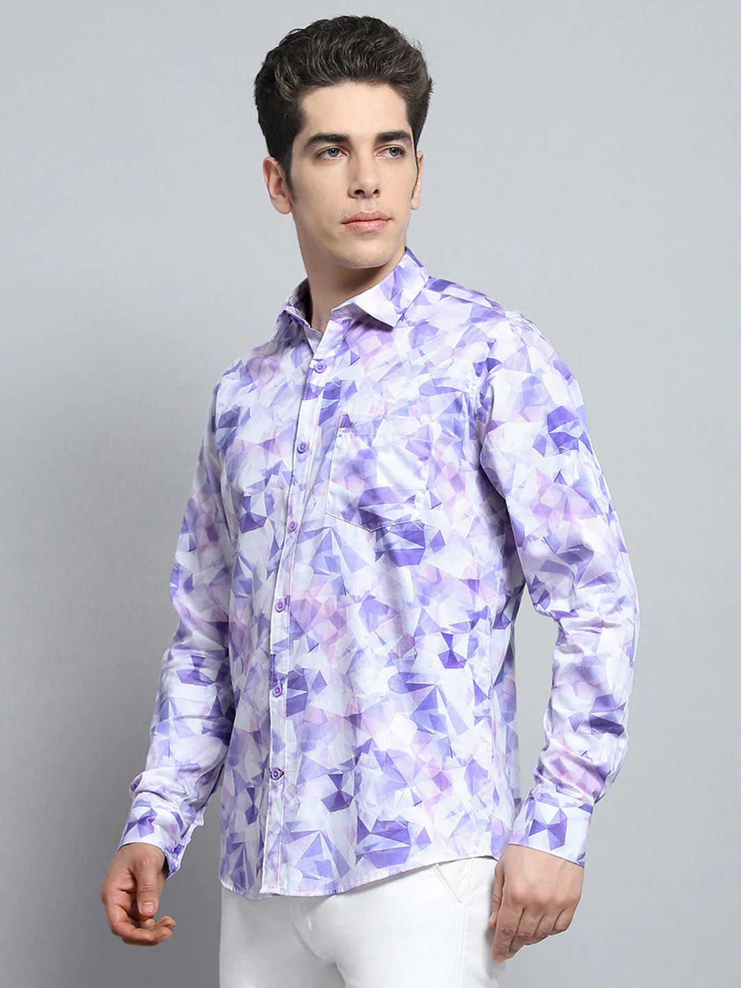 Men Purple Printed Collar Full Sleeve Shirt - Image 3