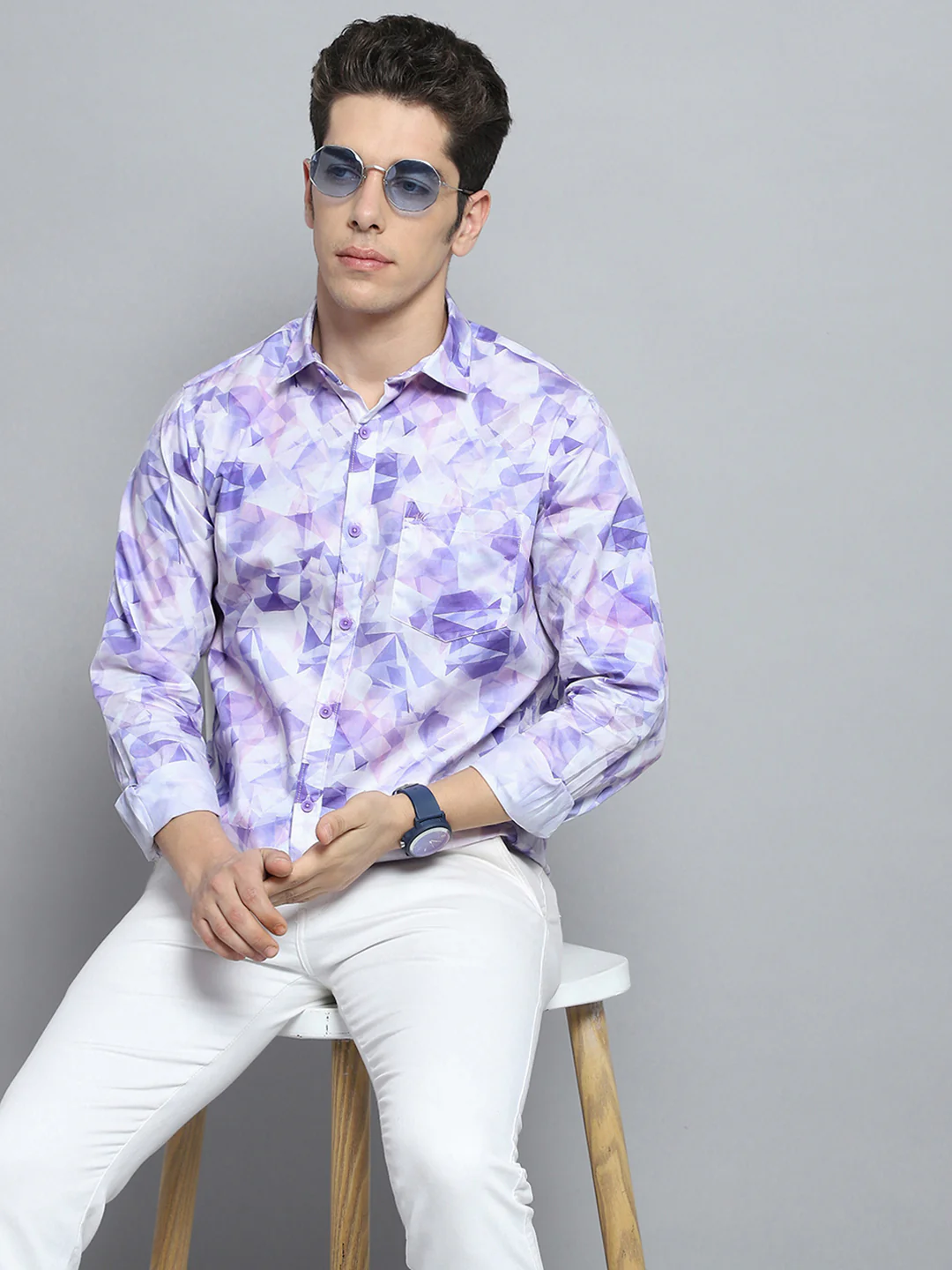 Men Purple Printed Collar Full Sleeve Shirt - Image 6