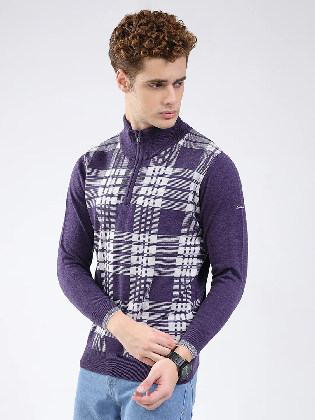 Men Purple Printed Mock Neck Full Sleeve Pullover - Image 3