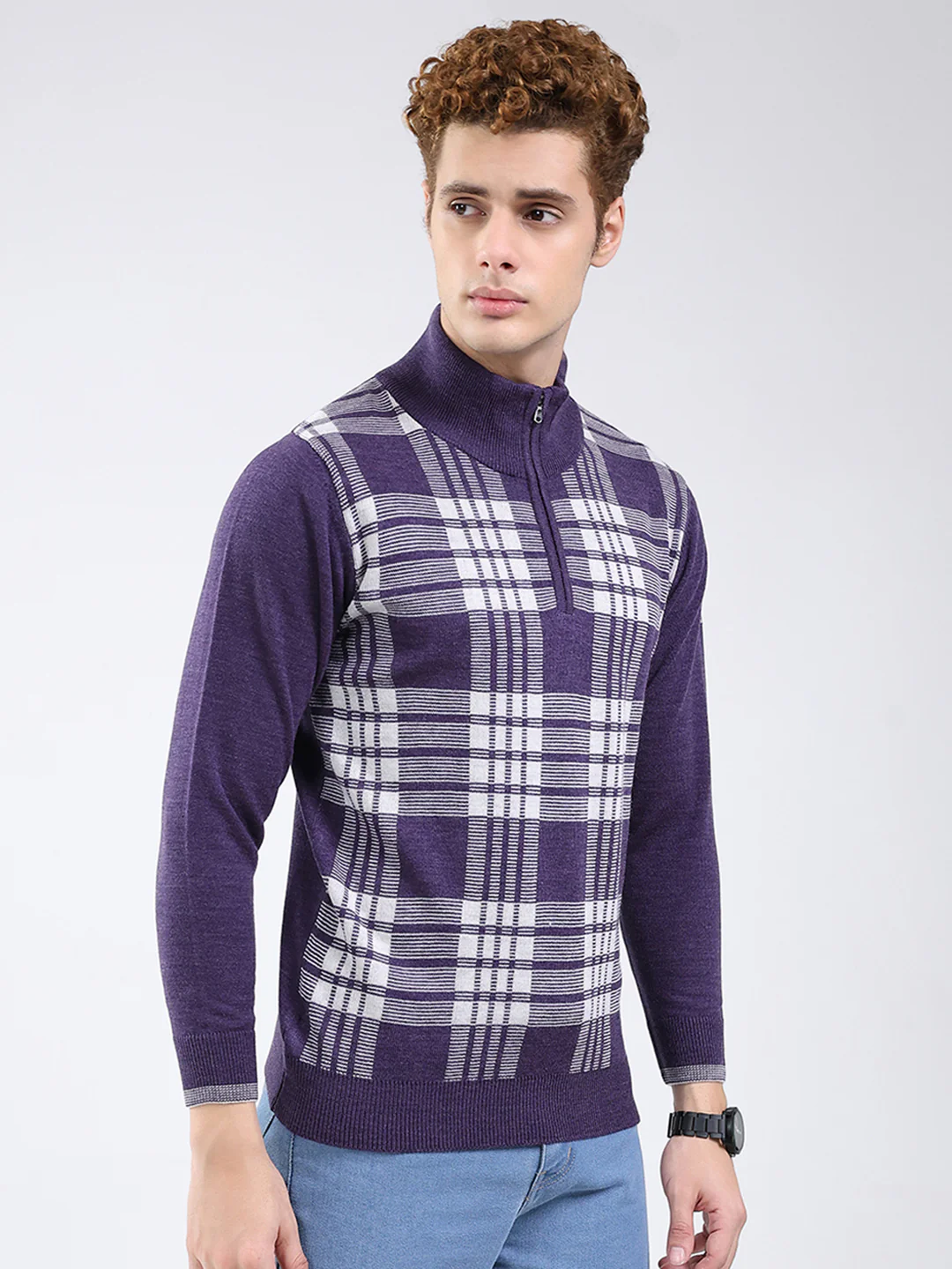 Men Purple Printed Mock Neck Full Sleeve Pullover - Image 4