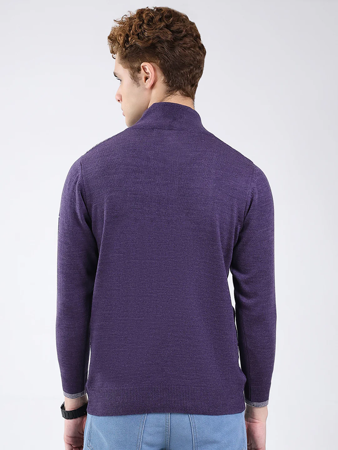 Men Purple Printed Mock Neck Full Sleeve Pullover - Image 5