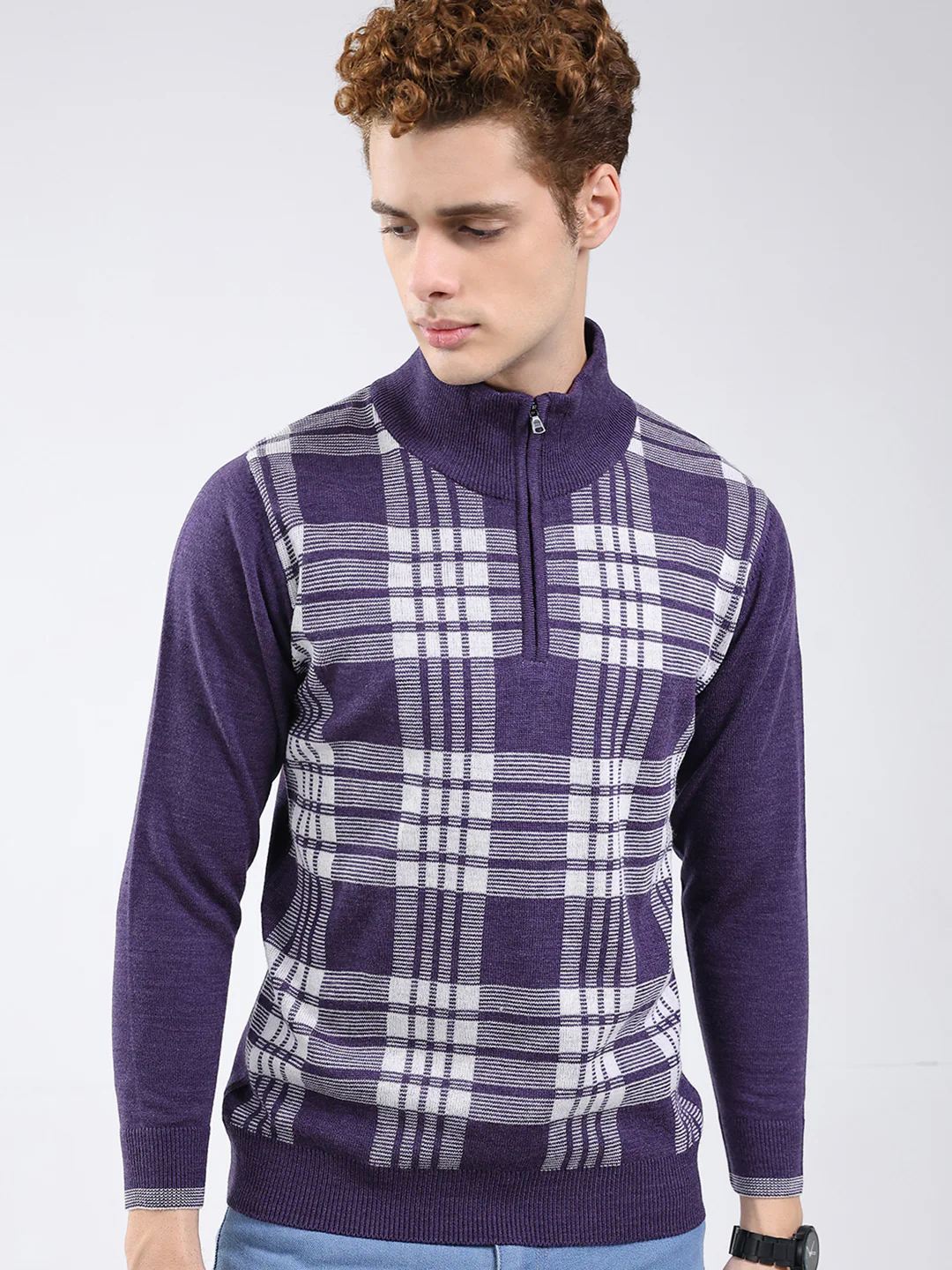 Men Purple Printed Mock Neck Full Sleeve Pullover - Image 7