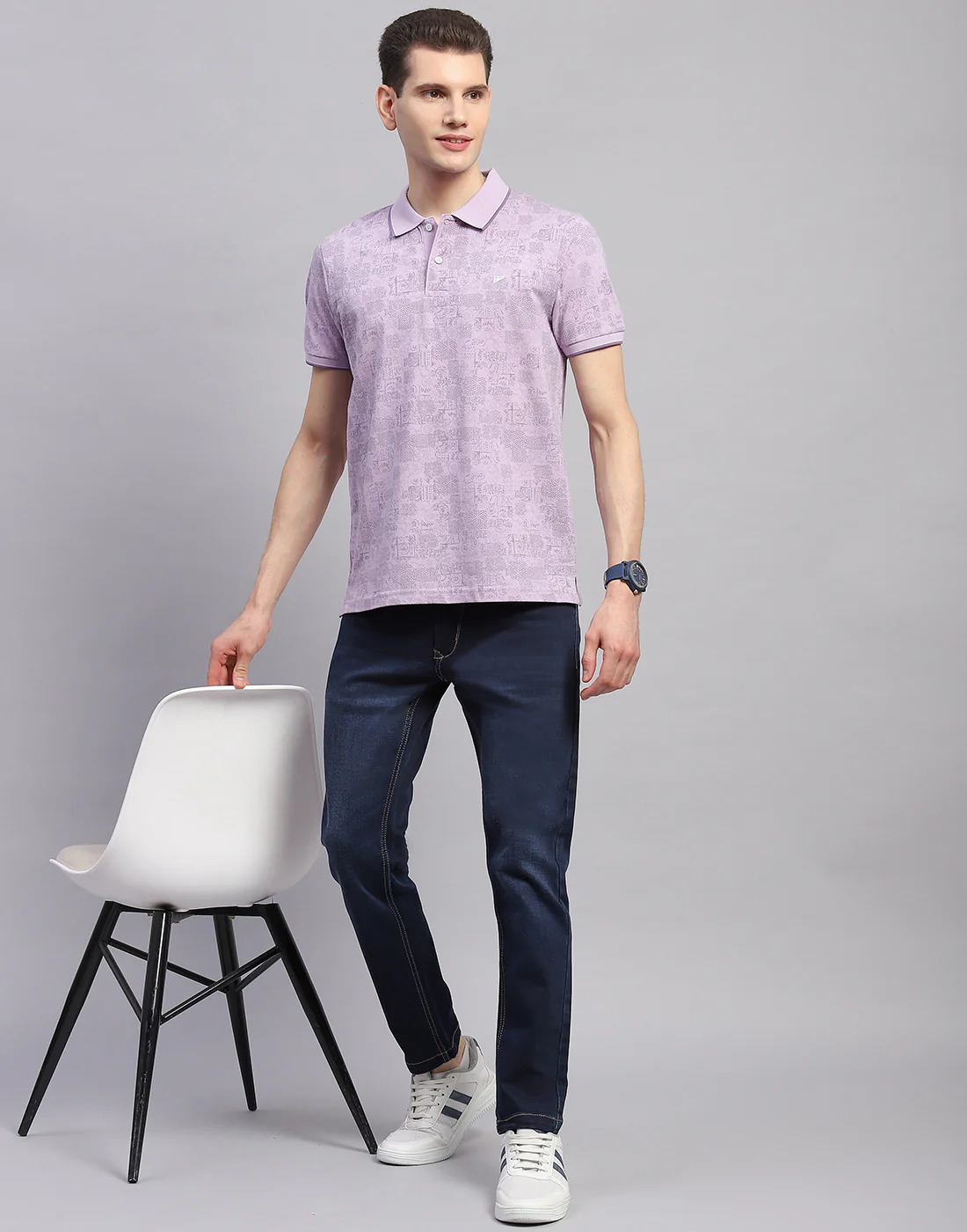 Men Purple Printed Polo Collar Half Sleeve T-Shirt - Image 2