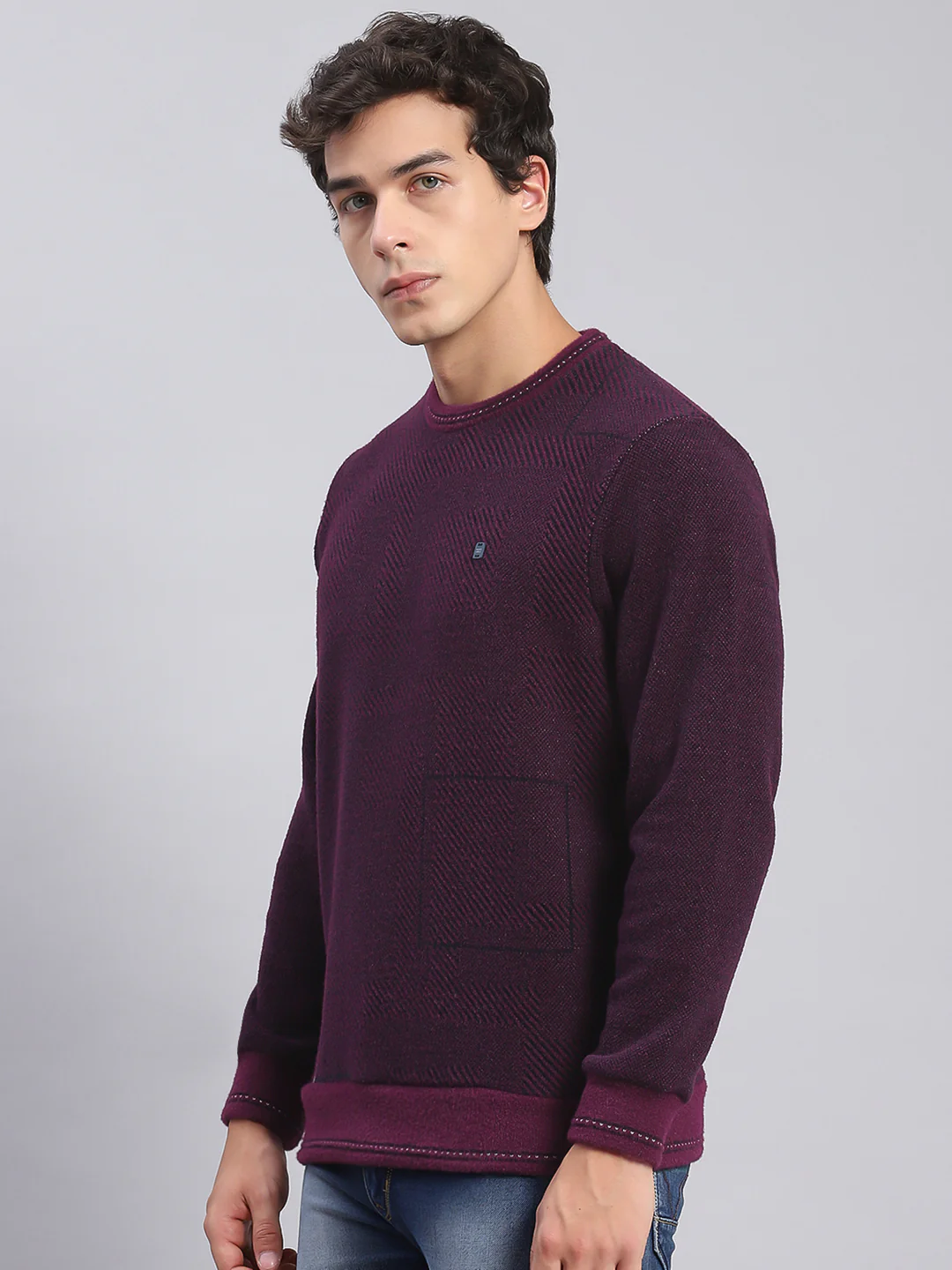 Men Purple Printed Round Neck Full Sleeve Sweatshirts - Image 3