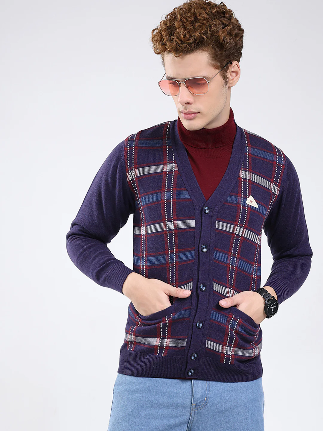 Men Purple Printed V Neck Full Sleeve Cardigan - Image 6
