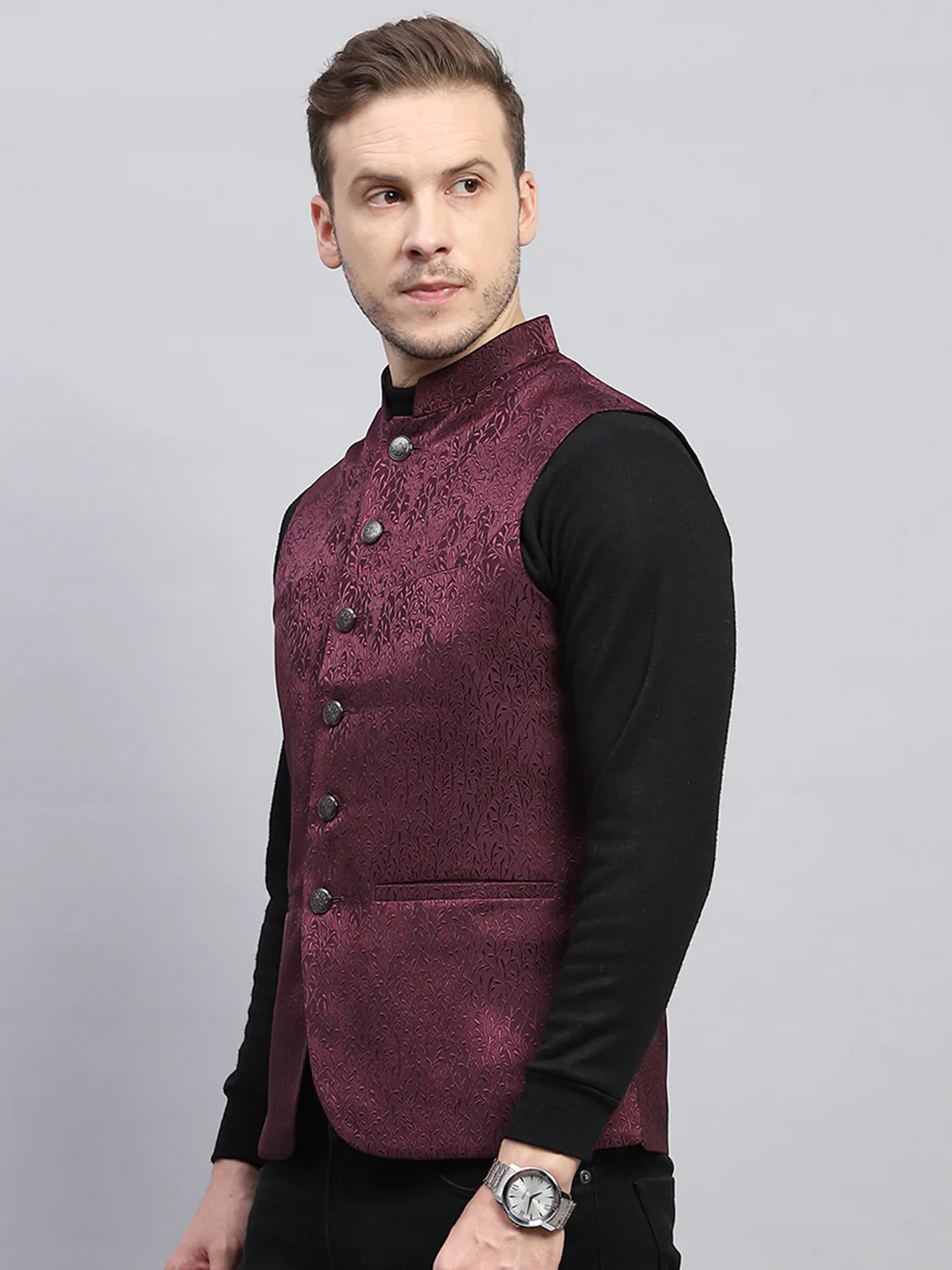 Men Purple Self Design Band Collar Sleeveless Coat - Image 3