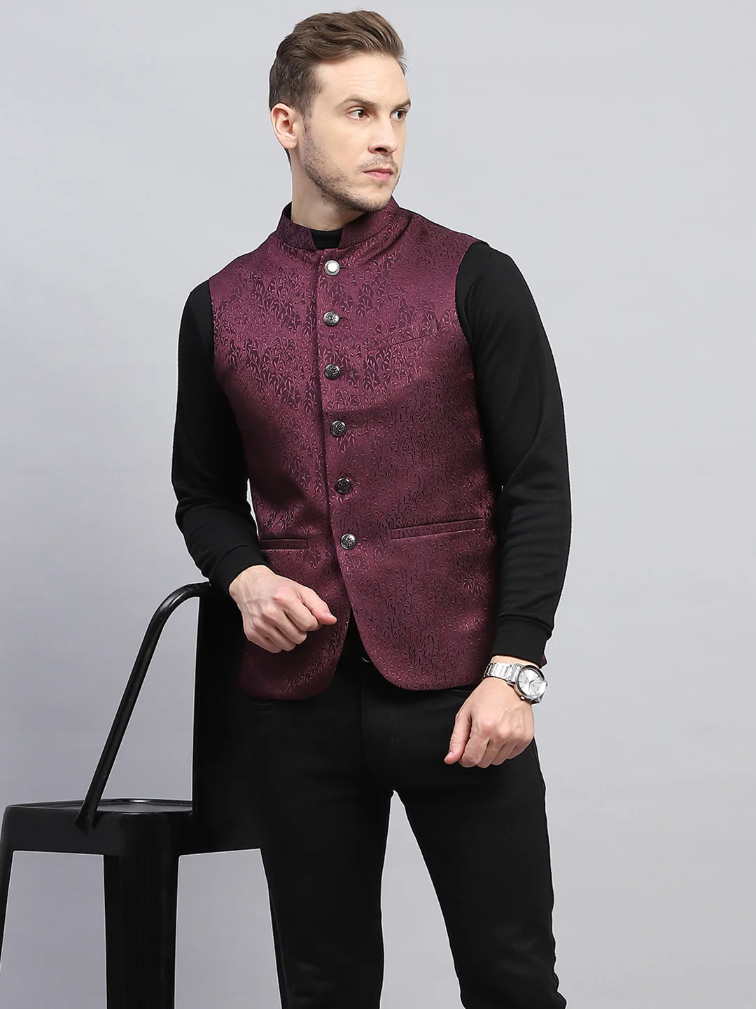 Men Purple Self Design Band Collar Sleeveless Coat - Image 6