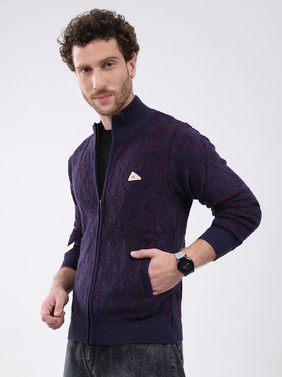 Men Purple Self Design Mock Neck Full Sleeve Pullover - Image 3