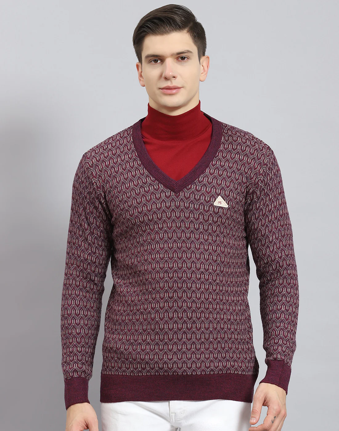 Men Purple Self Design V Neck Full Sleeve Sweater - Image 3