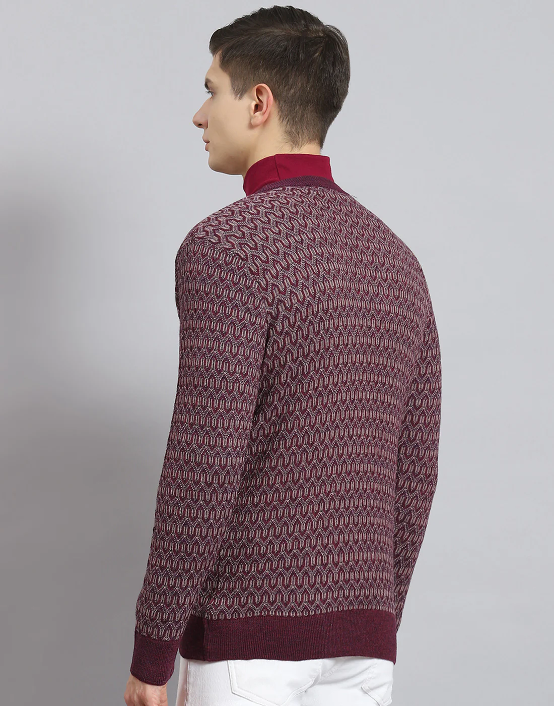 Men Purple Self Design V Neck Full Sleeve Sweater - Image 7