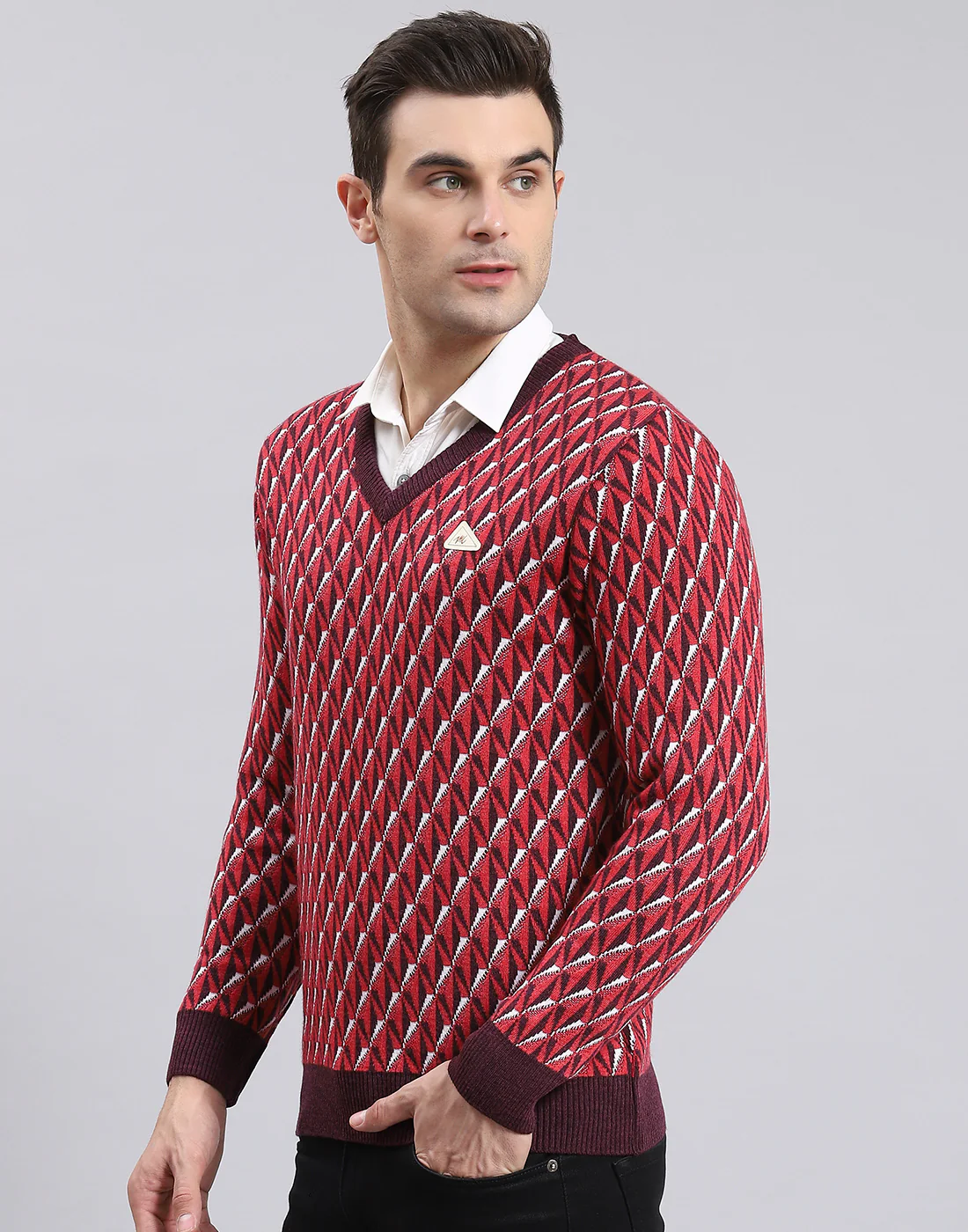 Men Purple Self Design V Neck Full Sleeve Sweater - Image 3