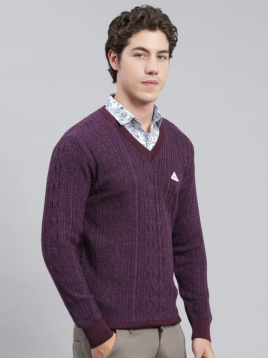 Men Purple Self Design Wool blend Pullover - Image 3