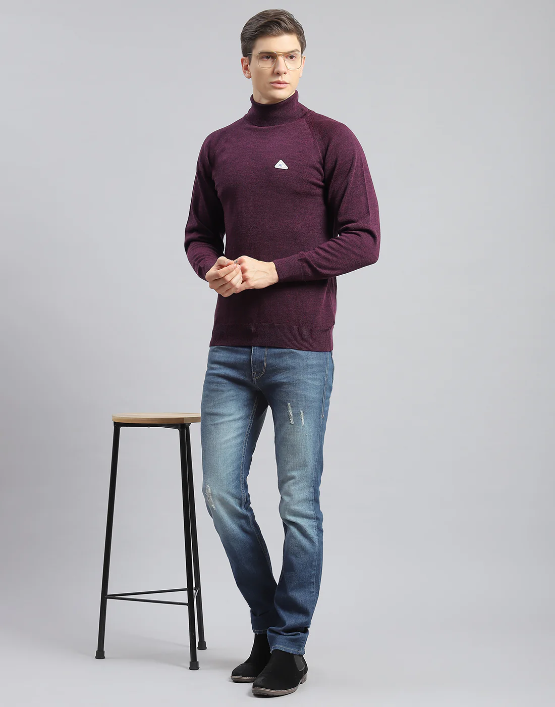 Men Purple Solid H Neck Full Sleeve Pullover - Image 2