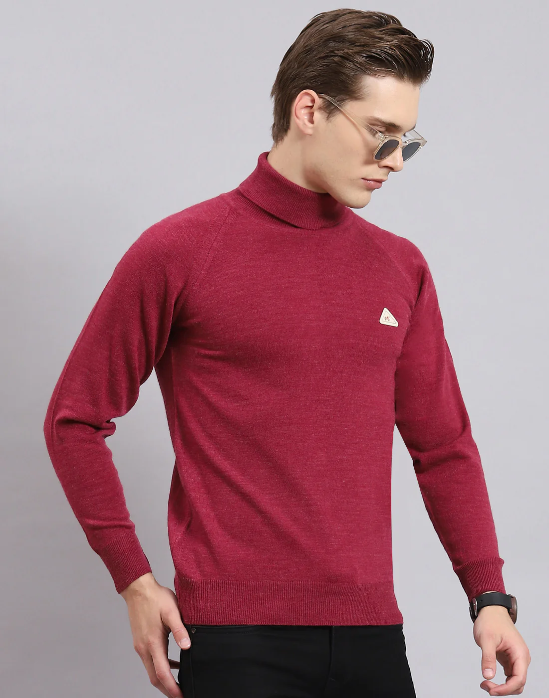 Men Purple Solid H Neck Full Sleeve Sweater - Image 4