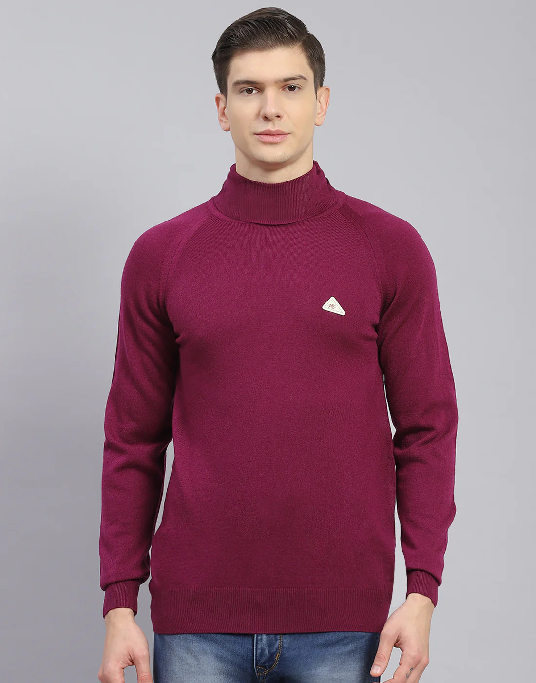 Men Purple Solid H Neck Full Sleeve Sweater - Image 3