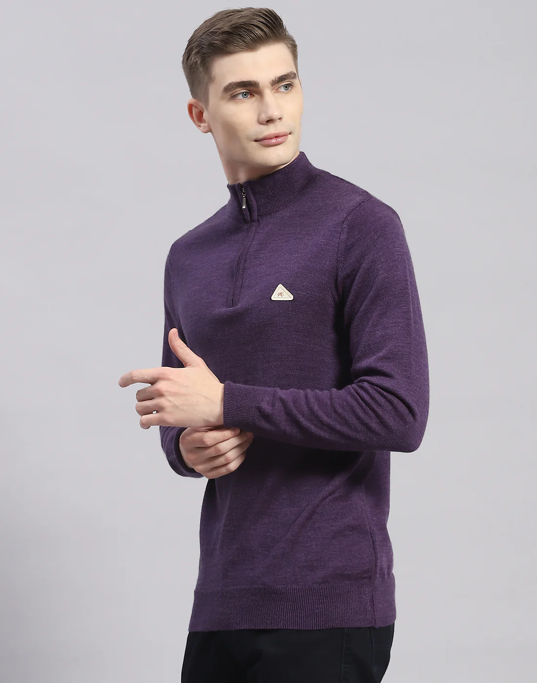 Men Purple Solid High Neck Full Sleeve Pullover - Image 4