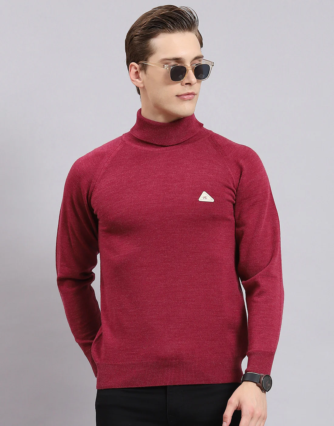 Men Purple Solid High Neck Full Sleeve Pullover - Image 2