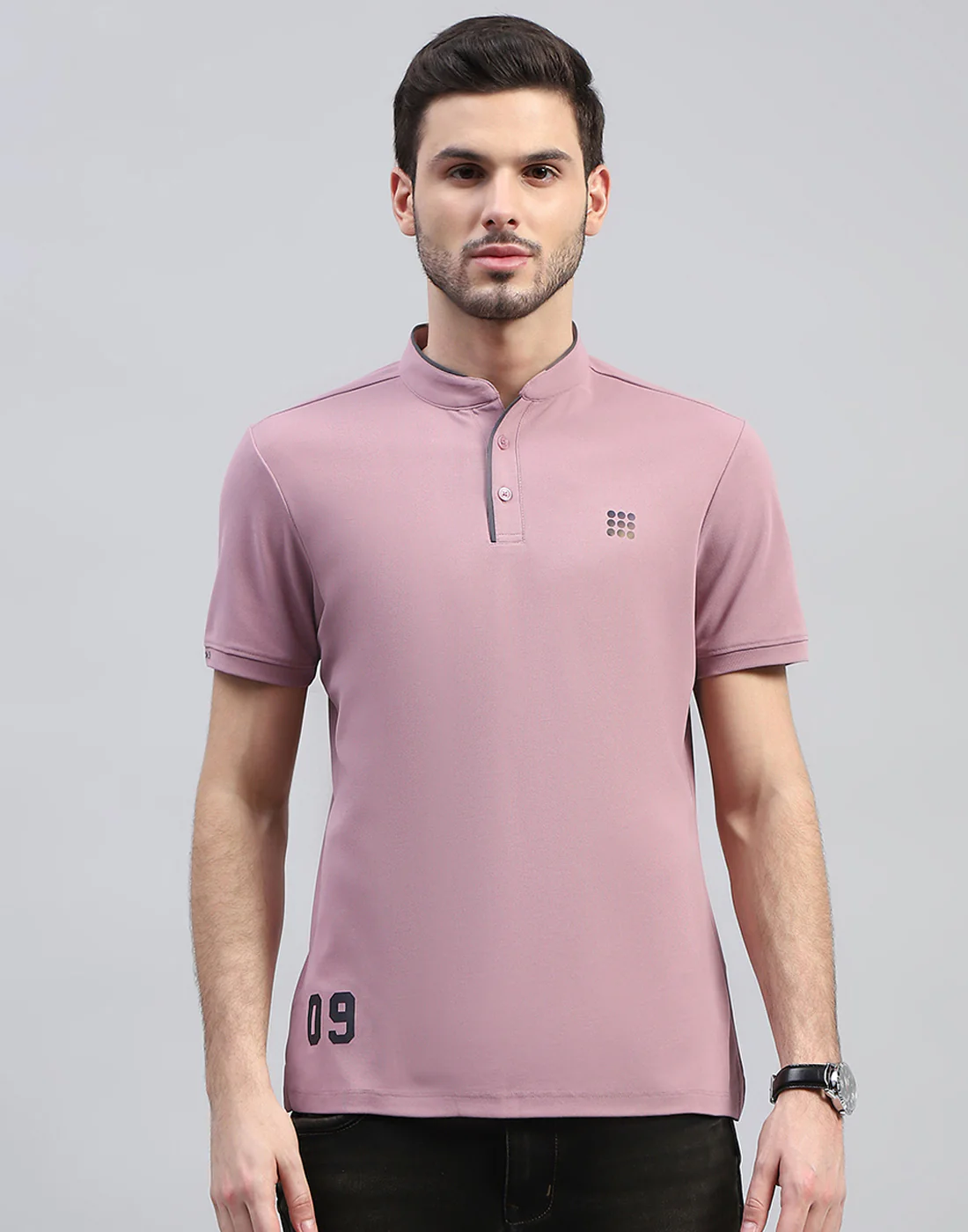 Rock.it Men Purple Solid Mandarin Neck Half Sleeve T-Shirt - Image 3