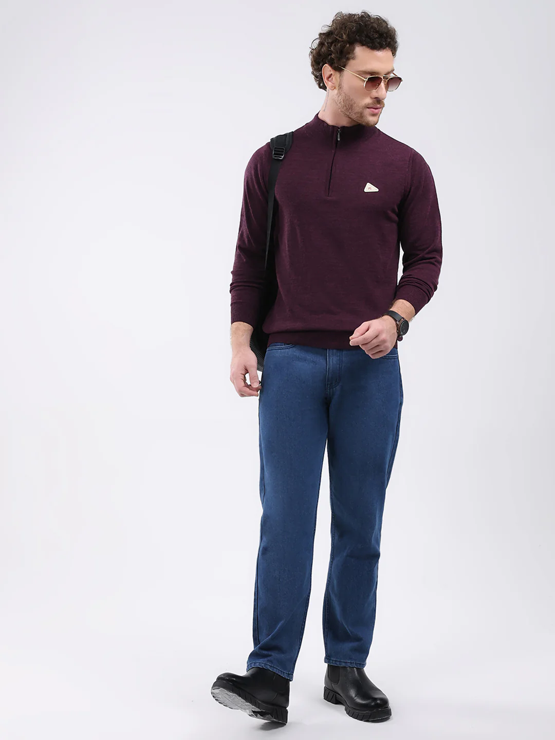 Men Purple Solid Mock Neck Full Sleeve Pullover - Image 2